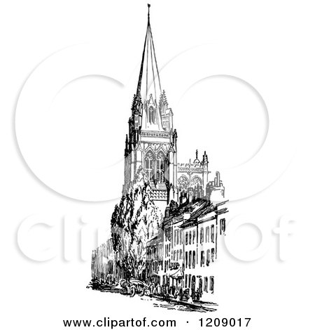 Clipart of a Vintage Black and White Church with Spire - Royalty Free Vector Illustration by Prawny Vintage