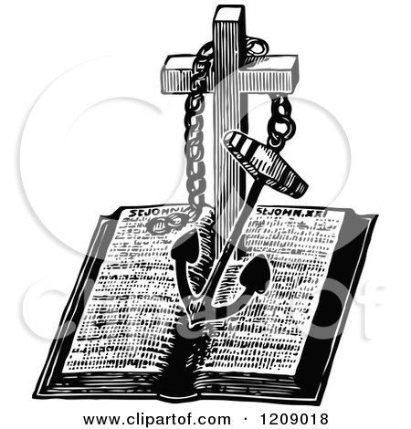 Clipart of a Vintage Black and White Anchor and Cross over a Bible - Royalty Free Vector Illustration by Prawny Vintage