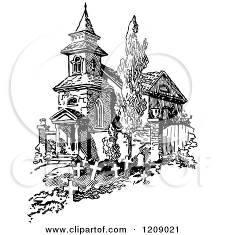 Clipart of a Vintage Black and White Old French Church and Graves - Royalty Free Vector Illustration by Prawny Vintage