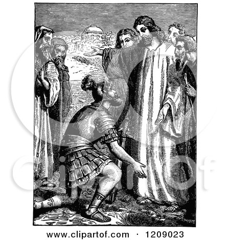 Clipart of a Vintage Black and White Scene of Jesus and the Centurian - Royalty Free Vector Illustration by Prawny Vintage