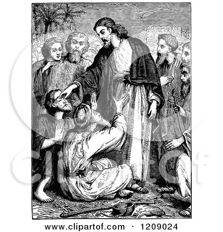 Clipart of a Vintage Black and White Scene of Jesus Healing the Blind - Royalty Free Vector Illustration by Prawny Vintage
