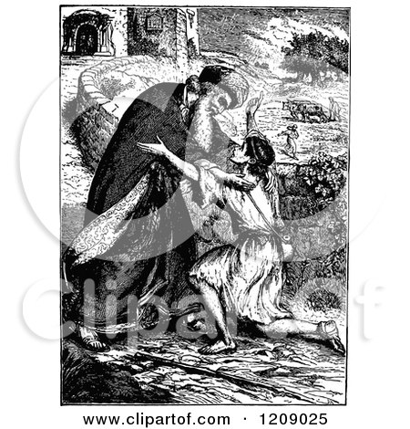 Clipart of a Vintage Black and White Scene of the Prodigal Son Returns, Parable of Jesus - Royalty Free Vector Illustration by Prawny Vintage