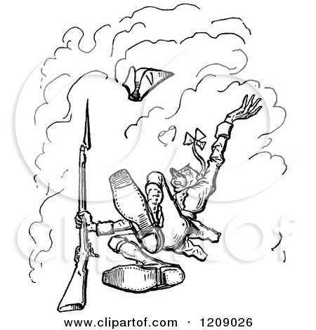 Clipart of a Vintage Black and White Soldier Blasted into the Air - Royalty Free Vector Illustration by Prawny Vintage