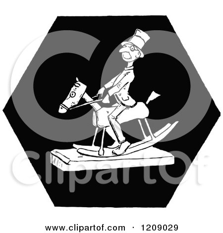 Clipart of a Vintage Black and White Man on a Rocking Horse - Royalty Free Vector Illustration by Prawny Vintage