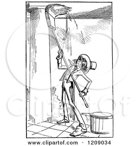 Clipart of a Vintage Black and White Man Washing a Porch - Royalty Free Vector Illustration by Prawny Vintage
