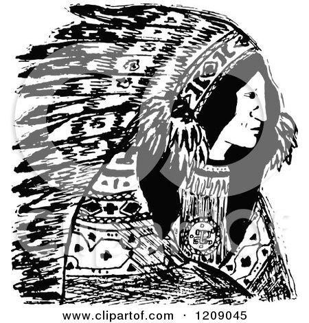 Clipart of a Vintage Black and White Native American Indian Chief - Royalty Free Vector Illustration by Prawny Vintage