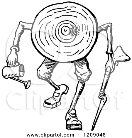 Clipart of a Vintage Black and White Log Man Carrying a Watering Can and Boyonet - Royalty Free Vector Illustration by Prawny Vintage