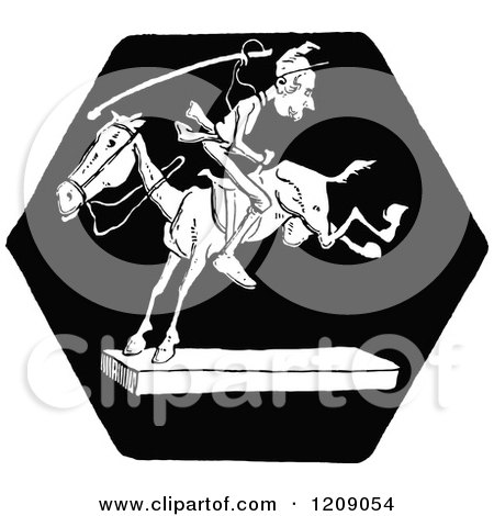 Clipart of a Vintage Black and White Man Riding a Horse Backwards - Royalty Free Vector Illustration by Prawny Vintage
