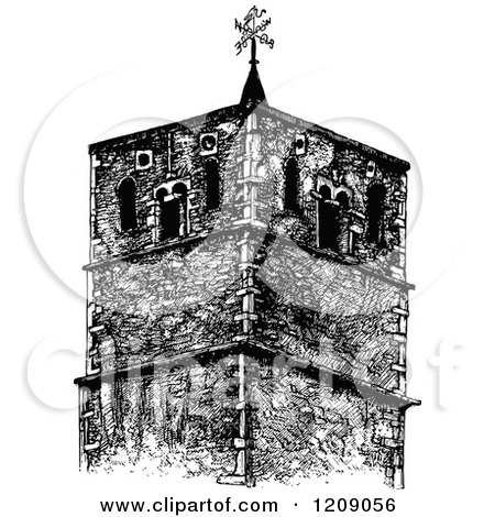 Clipart of a Vintage Black and White St Benedicts Church Tower in Cambridge Uk - Royalty Free Vector Illustration by Prawny Vintage