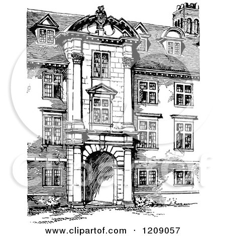 Clipart of a Vintage Black and White Facade of St Catherines College in Cambridge Uk - Royalty Free Vector Illustration by Prawny Vintage