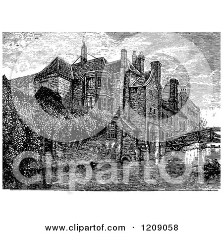 Clipart of a Vintage Black and White Riverfront View of Queens College, Cambridge Uk - Royalty Free Vector Illustration by Prawny Vintage