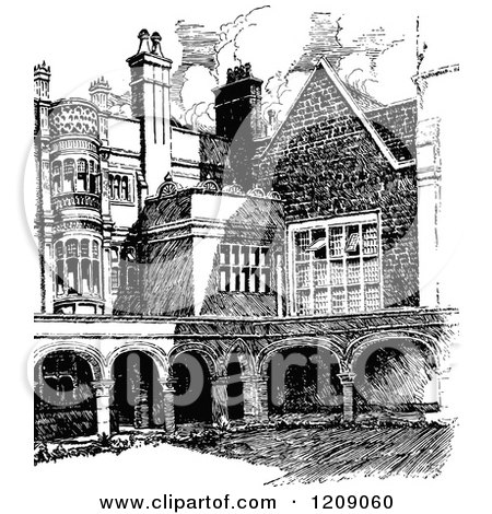 Clipart of a Vintage Black and White Sidney Sussex College in Cambridge Uk - Royalty Free Vector Illustration by Prawny Vintage