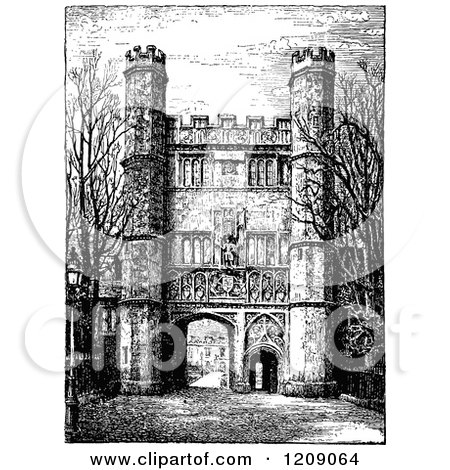 Clipart of a Vintage Black and White Great Gate at Trinity College in Cambridge Uk - Royalty Free Vector Illustration by Prawny Vintage