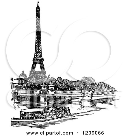 Clipart of a Vintage Black and White Boat Bridge and Eiffel Tower - Royalty Free Vector Illustration by Prawny Vintage