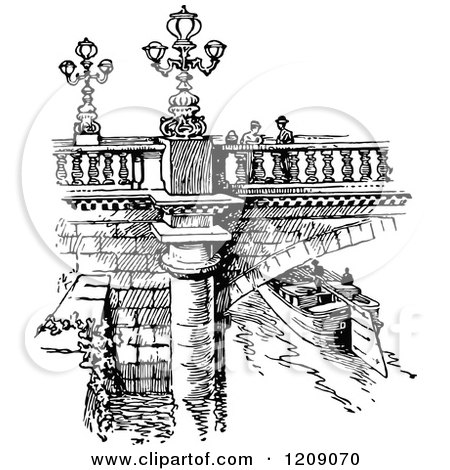 Clipart of a Vintage Black and White Parisian Bridge and Canal - Royalty Free Vector Illustration by Prawny Vintage
