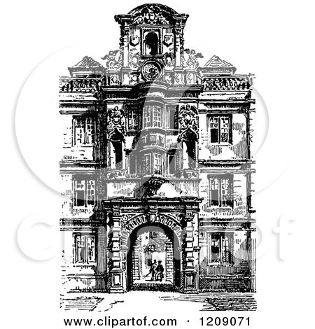 Clipart of a Vintage Black and White Facade of Clare College in Cambridge Uk - Royalty Free Vector Illustration by Prawny Vintage