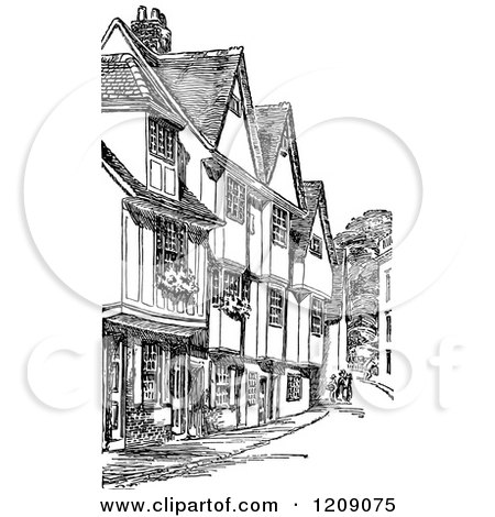 Clipart of Vintage Black and White Old Houses on Silver Street in Cambridge Uk - Royalty Free Vector Illustration by Prawny Vintage