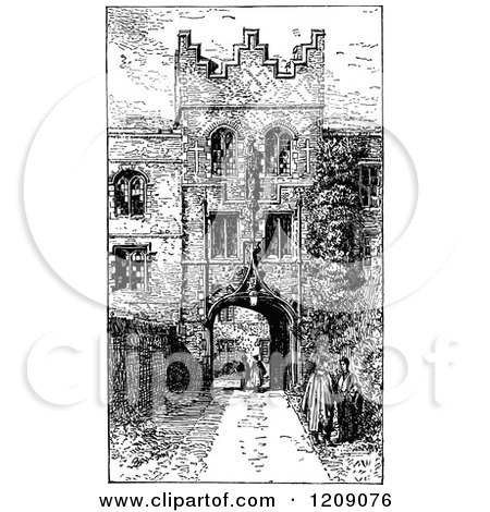Clipart of a Vintage Black and White Gateway Entrance to Jesus College in Cambridge Uk - Royalty Free Vector Illustration by Prawny Vintage