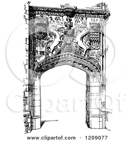 Clipart of a Vintage Black and White Gateway Entrance to St Johns College in Cambridge Uk - Royalty Free Vector Illustration by Prawny Vintage