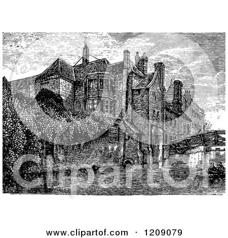 Clipart of a Vintage Black and White Waterfront Building - Royalty Free Vector Illustration by Prawny Vintage