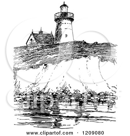 Clipart of a Vintage Black and White View of Long Island Lighthouse - Royalty Free Vector Illustration by Prawny Vintage