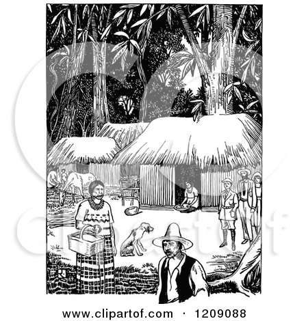 Clipart of a Vintage Black and White Costa Rican Forest Village - Royalty Free Vector Illustration by Prawny Vintage