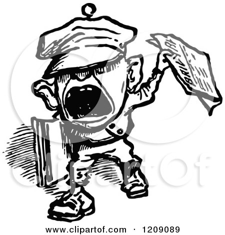Clipart of a Vintage Black and White Shouting News Boy - Royalty Free Vector Illustration by Prawny Vintage