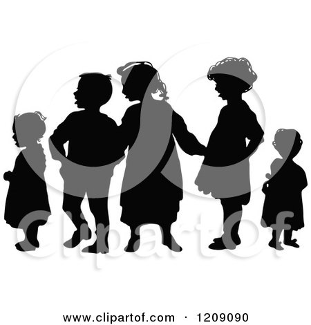 Clipart of a Vintage Black and White Silhouetted Group of Children - Royalty Free Vector Illustration by Prawny Vintage