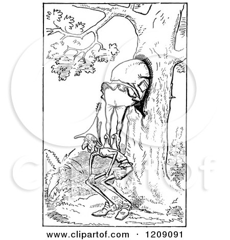 Clipart of Vintage Black and White Men Hiding in a Hollow Tree - Royalty Free Vector Illustration by Prawny Vintage