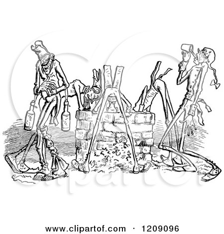Clipart of Vintage Black and White Thirsty Men Drinking at a Well - Royalty Free Vector Illustration by Prawny Vintage