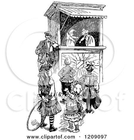 Clipart of a Vintage Black and White Punch and Judy Show - Royalty Free Vector Illustration by Prawny Vintage