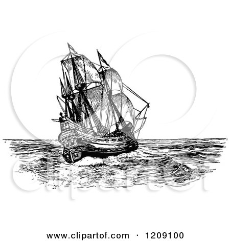 Clipart of a Vintage Black and White Spanish Galleon Ship - Royalty Free Vector Illustration by Prawny Vintage