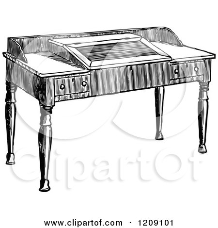 Clipart of a Vintage Black and White Wooden Study Desk - Royalty Free Vector Illustration by Prawny Vintage