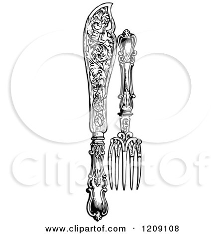 Clipart of a Vintage Black and White Fancy Knife and Fork - Royalty Free Vector Illustration by Prawny Vintage