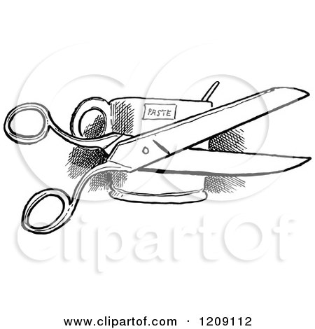 Clipart of a Vintage Black and White Pair of Scissors and Paste - Royalty Free Vector Illustration by Prawny Vintage