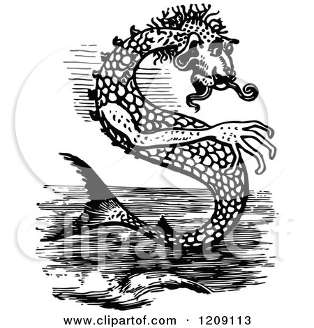 Clipart of a Vintage Black and White Sea Monster - Royalty Free Vector Illustration by Prawny Vintage