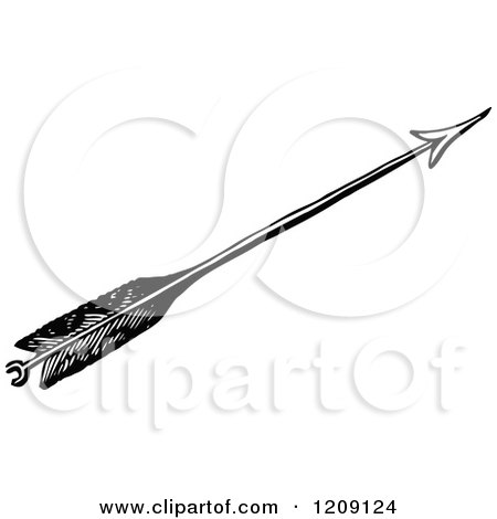 Clipart of a Vintage Black and White Feathered Archery Arrow - Royalty Free Vector Illustration by Prawny Vintage