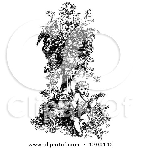 Clipart of a Vintage Black and White Musical Cherub - Royalty Free Vector Illustration by Prawny Vintage