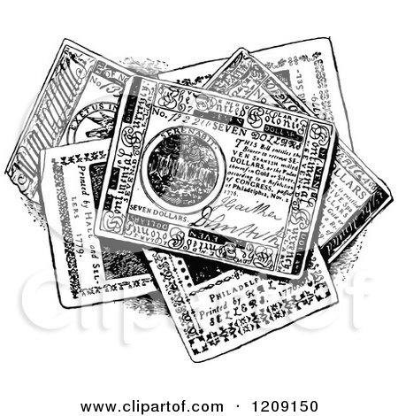 Clipart of a Vintage Black and White Pile of Continental Bills - Royalty Free Vector Illustration by Prawny Vintage