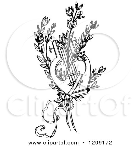 Clipart of a Vintage Black and White Lyre and Branches - Royalty Free Vector Illustration by Prawny Vintage