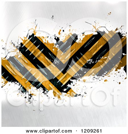 Clipart of 3d Diamond Plate Metal with Hazard Stripes Splattered on Gray - Royalty Free Illustration by Arena Creative