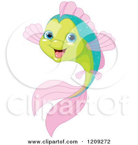 Cartoon of a Cute Happy Green and Pink Fish - Royalty Free Vector Clipart by Pushkin