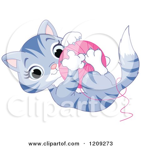 Cartoon of a Cute Tabby Kitten Playing with a Ball of Yarn - Royalty Free Vector Clipart by Pushkin