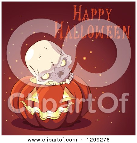 Cartoon of a Happy Halloween Greeting over a Skull in a Jackolantern Pumpkin - Royalty Free Vector Clipart by Pushkin