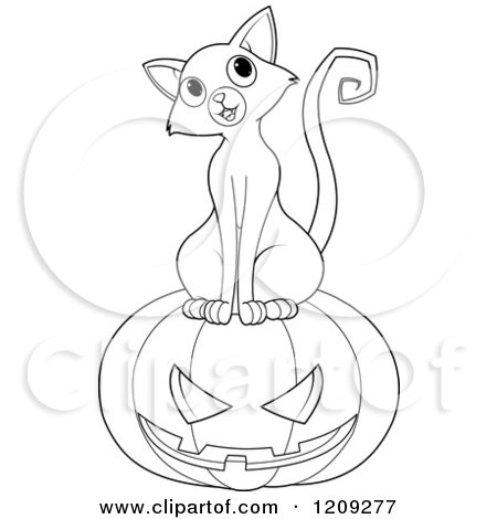 Cartoon of a Black and White Curious Cat Sitting on a Halloween Jackolantern Pumpkin - Royalty Free Vector Clipart by Pushkin