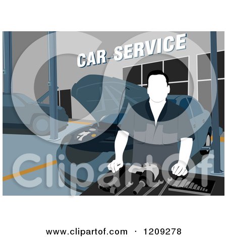 Clipart of a Car Service Technicial with Tools in a Garage - Royalty Free Vector Illustration by David Rey