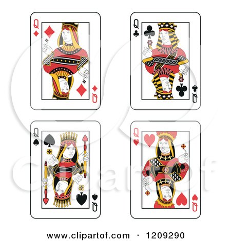 Clipart of Queen of Diamonds, Clubs, Spades and Hearts Playing Cards - Royalty Free Vector Illustration by Frisko