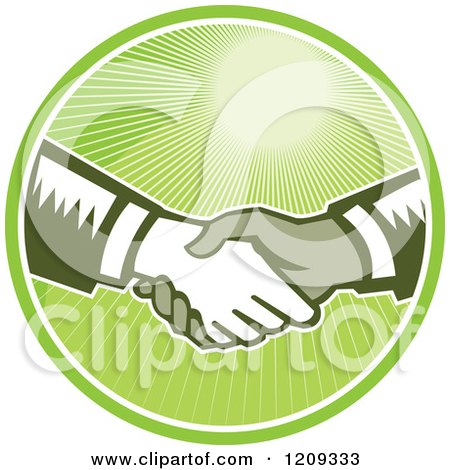 Clipart of Retro Woodut Men Shaking Hands in a Green Sunny Circle - Royalty Free Vector Illustration by patrimonio