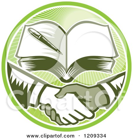 Clipart of Retro Woodut Men Shaking Hands Under a Book in a Green Sunny Circle - Royalty Free Vector Illustration by patrimonio