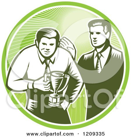 Clipart of a Retro Woodcut Businessman Receiving a Trophy from His Boss in a Green Sunny Circle - Royalty Free Vector Illustration by patrimonio
